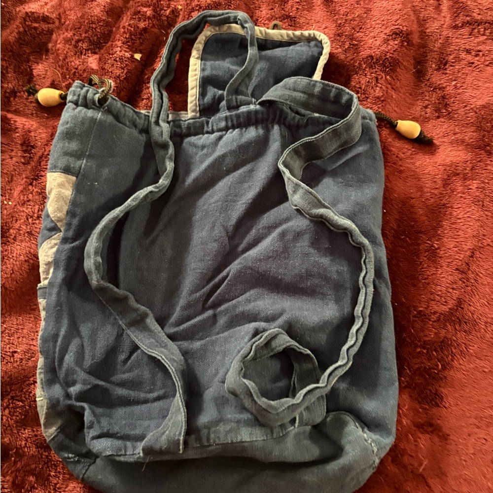 Blue Patchwork Drawstring Bag With Floral Design - image 3